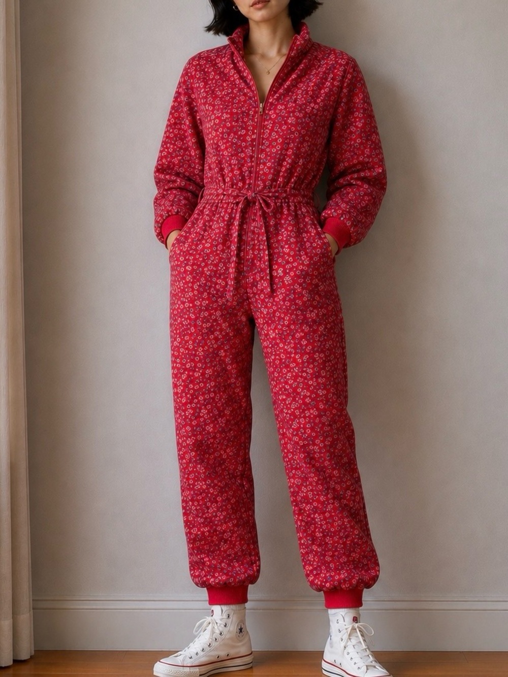 Vintage 70s 80s Quilted Floral Jumpsuit Red Cottagecore Zip Front One Piece M